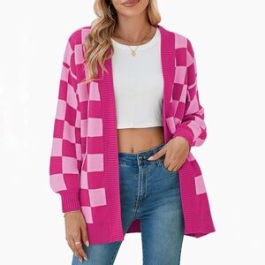 Star Blvd - Oversized Checkerboard Cardigan in Pink